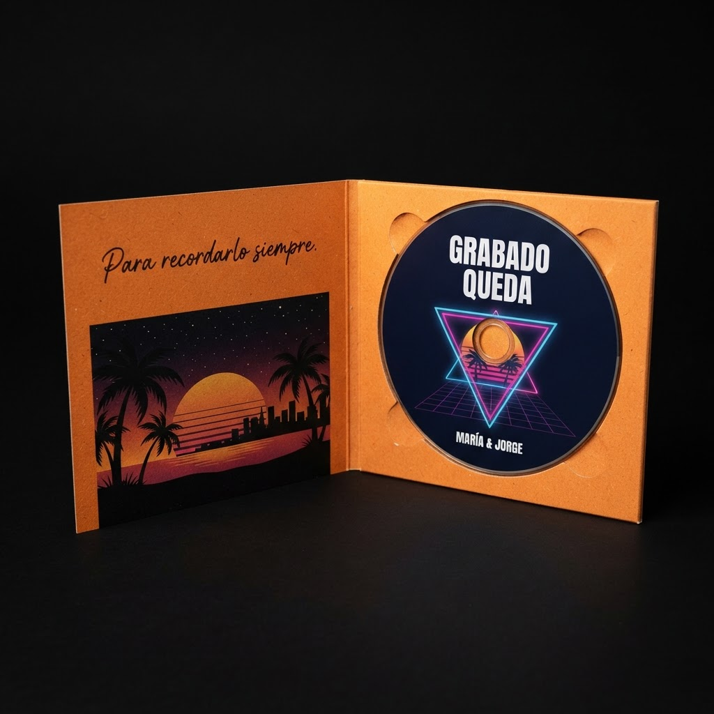 Álbum en digifile naranja con CD azul marino personalizado para María y Jorge