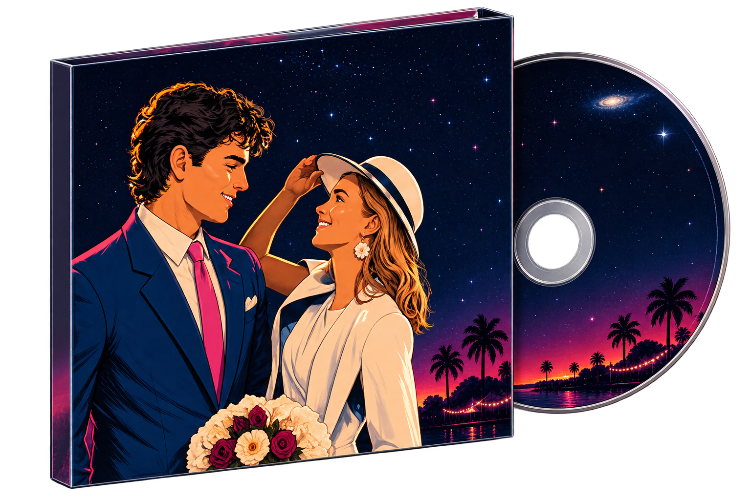 Álbum 6 del 6 del 6 con la ilustración de Guille y Sandra bajo un cielo estrellado, junto a su CD