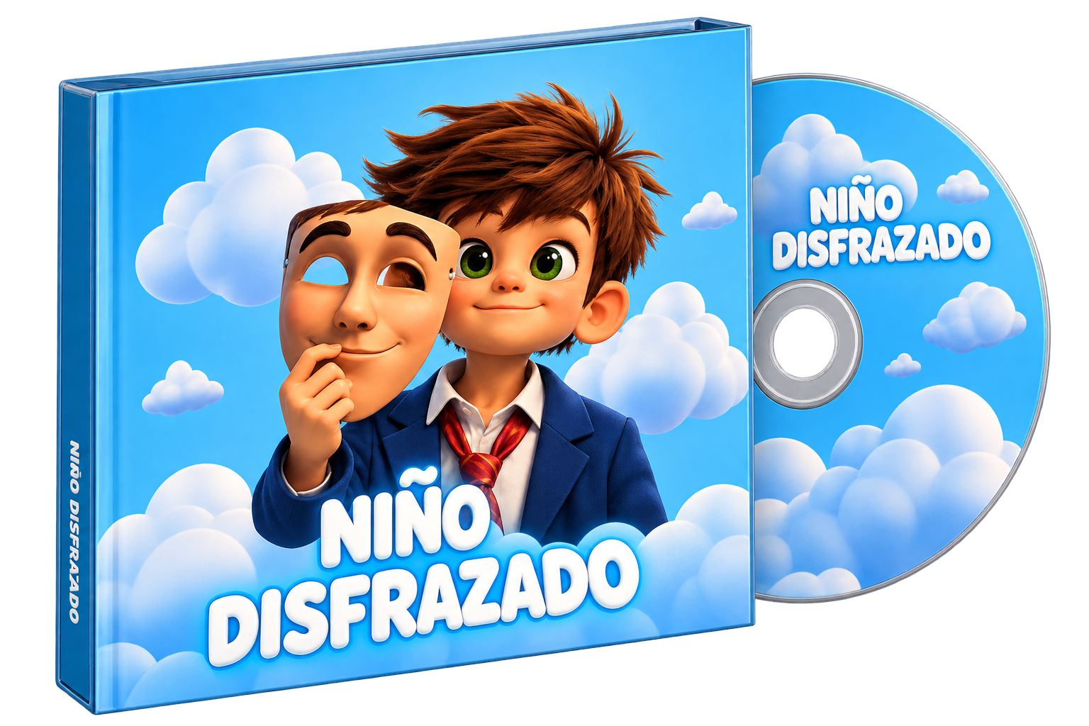 Álbum Niño Disfrazado con la ilustración de un niño sosteniendo una máscara, junto a su CD